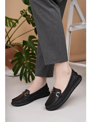 Nesil Shoes Eliz 24103 Siyah Hakiki Soft Deri Rok Günlük Kadın Ayakkabı