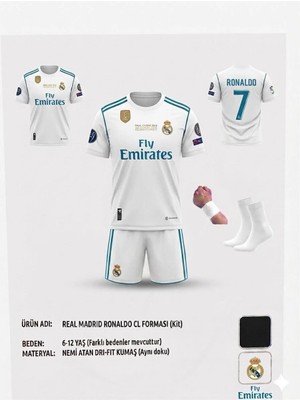 Yenteks Ronaldo 2018 Beyaz Real.madrid. Çocuk Forması 4 Parça