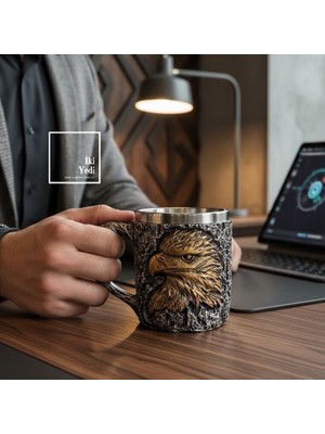 İki Yedi Konsept Glanzor Kartal Kupa Bardak Paslanmaz Çelik 3D Kabartmalı Hediyelik Ofis Kupası Rölyef Tasarım Mug