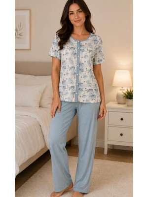 Nena- 24817 -Önden Açık Yuvarlak Yaka  Kısa Kollu % 100 Pamuk Pijama Takımı