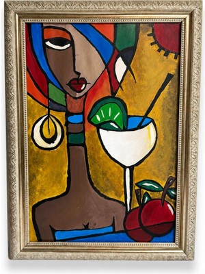 Marbey Altın Simya El Yapımı Akrilik Tablo Modern Soyut Kadın Figürlü Dekoratif Çerçeveli Duvar Tablosu 35X50 cm