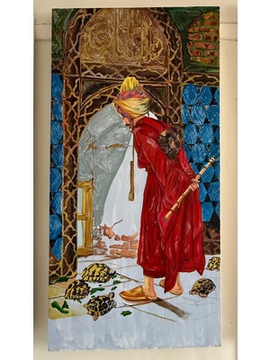 Marbey Lüks Dekoratif Sanat Eseri Osmanlı Dervişi Dekoratif Kanvas Tablo | Otantik Tasavvuf Duvar Dekoru | Çerçeveli Kanvas Tuval Sanatçı Imzalı Orijinal Kaplumbağa Terbiyecisi