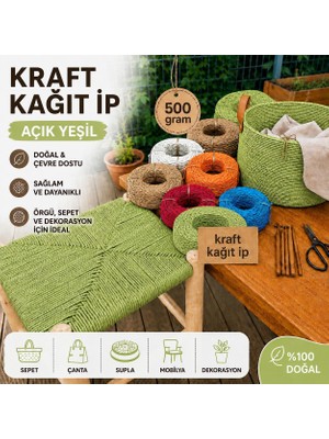 Mady Aksesuar Kraft Ip, Açık Yeşil Renk, Çanta Sepet Örgü Ipi,  3mm 500 Gram