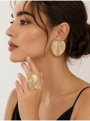 Allona Shop Kadın Gold Yaprak Desenli Küpe & Yüzük Kombin Seti