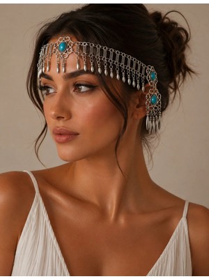 Allona Shop Turquoise Nomad Bohem Saç Aksesuarı – Turkuaz Taş Detaylı Etnik Baş Zinciri