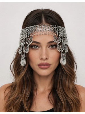 Allona Shop Kadın Otantik Gümüş Renk Bohem Saç Aksesuarı – Zincir Detaylı Festival Tacı