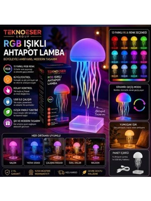 Eser Ticarett Rgb Işıklı Ahtapot Lamba 13 Renkli Denizanası Gece Lambası Dinamik Geçiş Modlu Usbli Dekoratif Masaüstü Aydınlatma