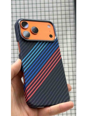 Evlium iPhone 17 Prokarbon Kılıf Magsafe Ince Slim Mikasert Desenli Kılıf Dokulu Karbonfibermavi