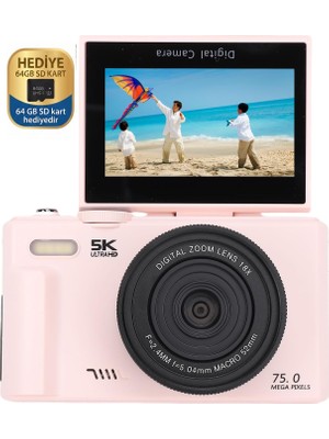 Serreha 5K UHD 75 MP Dijital Retro Kamera - 180° Flip Ekran Vlog Kamerası + 64GB SD Kart ve Kılıf Hediye (Pembe)