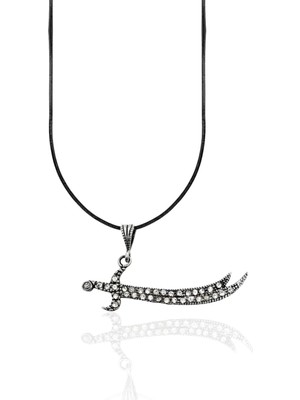 Oya Silver Beyaz Zirkon Taşlı Hz. Ali Zülfikar Gümüş Kolye Ucu 4.9x2.6cm [OYOT331]