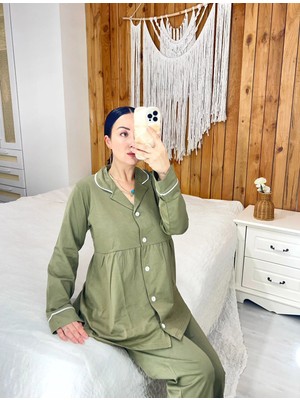 By Gamze Arman Yeşil Renk Pamuk Kumaş Pileli Hamile Lohusa Pijama Takımı