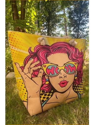 Ezmk Ev Gereçleri Kadın Plaj Çantası, Yumuşak Saplı Çanta, Astarlı ve Iç Cepli Plaj ÇANTASI,50X40 cm
