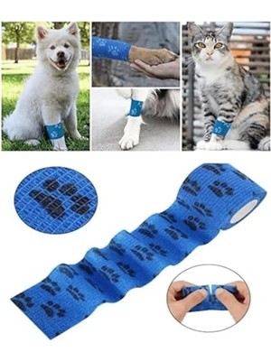 Octacare Kendinden Yapışkanlı Kedi ve Köpek Pati Bandajı, Mavi, Pati Desenli, 5 cm x 4.5 Metre, 4 Adet