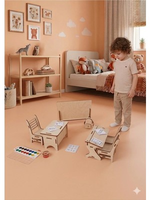 My Kids Room Ahşap Mini Okul Sınıf Seti - Boyanabilir Montessori Oyuncak - Minyatür Sıra, Masa ve Tahta Takımı