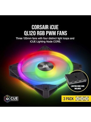 Ql Serisi, Icue QL120 Rgb, 120MM, Pwm, Lighting Node Core Rgb Kontrolcü Dahil, Rgb Fan, 3'lü Paket (CO-9050098-WW)