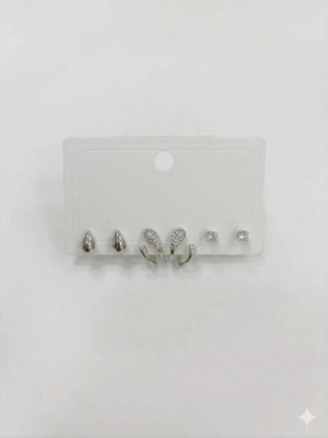 Hayat Store Rodyum  Zirkon Taşlı Pirinç Altılı  Kombin Küpe - KP00567