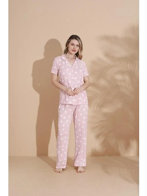 Kiss Me Pudra Pembe Puantiyeli Pamuklu Kumaş Kısa Kollu Gömlek Yaka Pijama Takımı