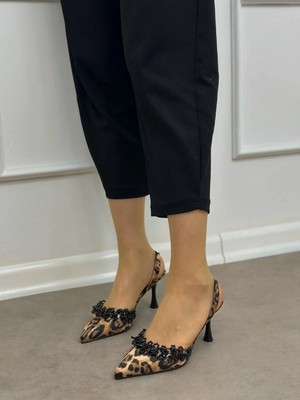 Erva'nın Butiği Leopar Saten (Cecily) Inci Detay Kadın Stiletto