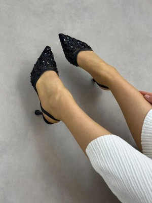 Erva'nın Butiği Siyah Pullu (Wely) Lastikli Kadın Stiletto