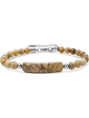HERİF Erkek Odun Jasper Doğal Taş Çelik Bileklik - Ayarlanabilir 21 cm
