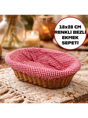İnfeta 18X28 cm Rattan Oval Ekmeklik Renkli Pötikare Bezli Ekmeklik Hasır Sepet