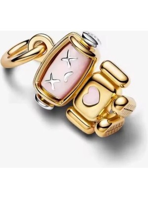 Lovecharm 925 Ayar Gold Renk Pembe Detay Kafası Dönen Robot Charm