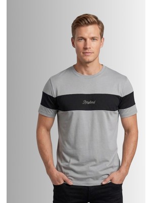 Man Klas Erkek Tişört Parçalı Desen Bisiklet Yaka Regular Fit T-Shirt Erkek Tshirt