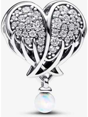 Lovecharm Işıltılı Melek Kanatları Inci Detaylı ve Kalp Charm S925