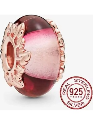 Lovecharm Gümüş Pembe Murano Camı ve Yaprak Charm'ı