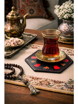 INKD 2'li Deri Bardak Altlığı - Hakiki Vejetal Deri - Geleneksel Çay Altlığı Baskılı - El Yapımı Coaster