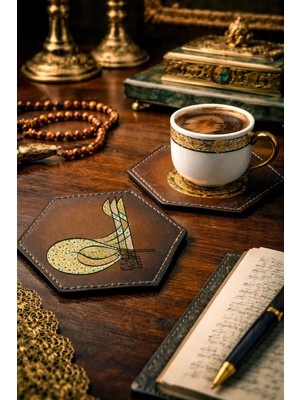 INKD 2'li Deri Bardak Altlığı - Hakiki Vejetal Deri - Tuğra Baskılı - El Yapımı Coaster