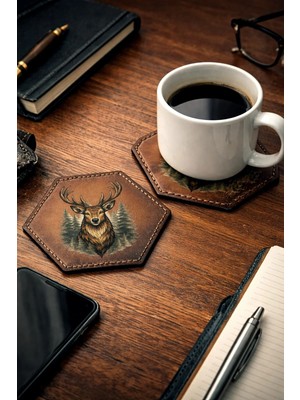 INKD 2'li Deri Bardak Altlığı - Hakiki Vejetal Deri - Geyik Baskılı - El Yapımı Coaster