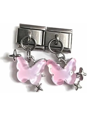 Lovecharm Pembe Kelebek Figürlü Yıldız Detaylı Italyan Charm – Çelik Bileklik Uyumlu Sallantılı Charm