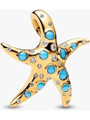 Lovecharm Gold Renk Işıltılı Mavi Denizyıldızı Sallantılı Charm S925
