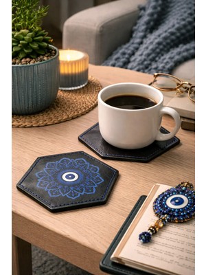 INKD 2'li Deri Bardak Altlığı - Hakiki Vejetal Deri - Nazar Boncuğu Motif Baskılı - El Yapımı Coaster