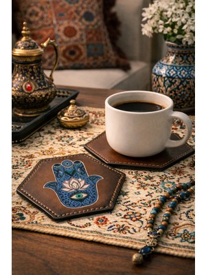 INKD 2'li Deri Bardak Altlığı - Hakiki Vejetal Deri - Hamsa Baskılı - El Yapımı Coaster