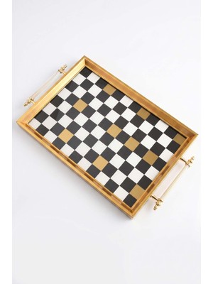 altabi Dijital Baskılı Cam Servis Tepsisi – Dama Motifli, Metal Kulplu 46X28 cm