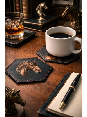 INKD 2'li Deri Bardak Altlığı - Hakiki Vejetal Deri - At Portre Baskılı - El Yapımı Coaster