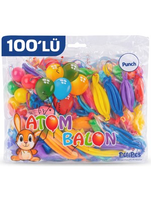 Elivora Renkli Atom Balon Punch Balon Lastik Ipli Parti Balonu 100 Adet