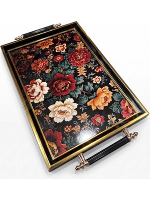 altabi Dijital Baskılı Cam Servis Tepsisi – Efsun Motifli, Metal Kulplu 46X28 cm