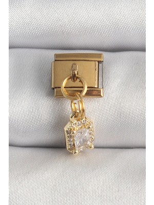 Teknoparkx Ietaks™ 316L Çelik Gold Renk Sallantı Zirkon Taşlı Kare Model Nomination Charm Tknprk-Tkaks3