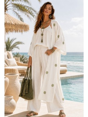Qymos Prive Ekru Etnik Desenli Uzun Kimono – Keten, Kuşaklı, Yazlık Rahat Şık Yumuşak Dokulu Kimono Kaftan Pareo