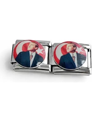Lovecharm Atatürk Figürlü Italyan Charm | Türk Bayrağı Desenli Paslanmaz Çelik Bileklik Ucu
