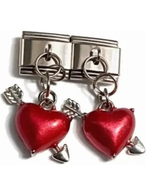 Lovecharm Ok ve Kanat Detaylı Kırmızı Kalp Figürlü Italyan Charm – Çelik Bileklik Uyumlu Sallantılı Charm