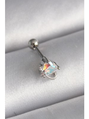Teknoparkx Ietaks™ 316L Çelik Gümüş Renk Zirkon Taşlı Kalp Tragus Piercing Tknprk-Tkaks3