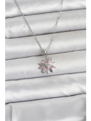 Teknoparkx Ietaks™ 316L Çelik Zincir Gümüş Renk Pembe Papatya Model Kadın Kolye Tknprk-Tkaks3