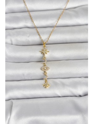 Teknoparkx Ietaks™ 316L Çelik Gold Renk Kutup Yıldızı Y Model Zirkon Taşlı Kadın Kolye Tknprk-Tkaks3