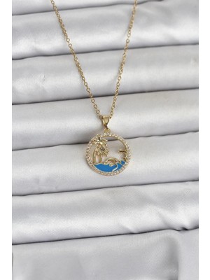 Teknoparkx Ietaks™ 316L Çelik Zincir Gold Renk Zirkon Taşlı Deniz Temalı Kadın Kolye Tknprk-Tkaks3