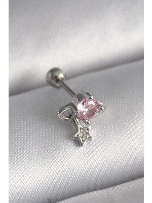 Teknoparkx Ietaks™ 316L Çelik Gümüş Renk Pembe Zirkon Taşlı Sallantı Yıldız Detay Tragus Piercing T