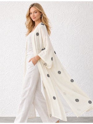 Qymos Prive Ekru Etnik Desenli Uzun Kimono – Keten, Kuşaklı, Yazlık Rahat Şık Yumuşak Dokulu Kimono Kaftan Pareo